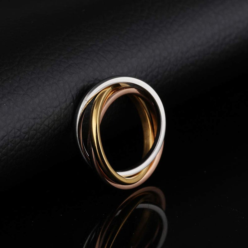 JAJAFOOK Women's Stainless Steel Gold-tone Silver-tone Rose-tone Triple Band Interlocked Rolling Ring (Rose Gold Tri-Color, 6) - Image 3